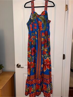 SHEIN Blue Maxi Dress with Red & Green Floral Print